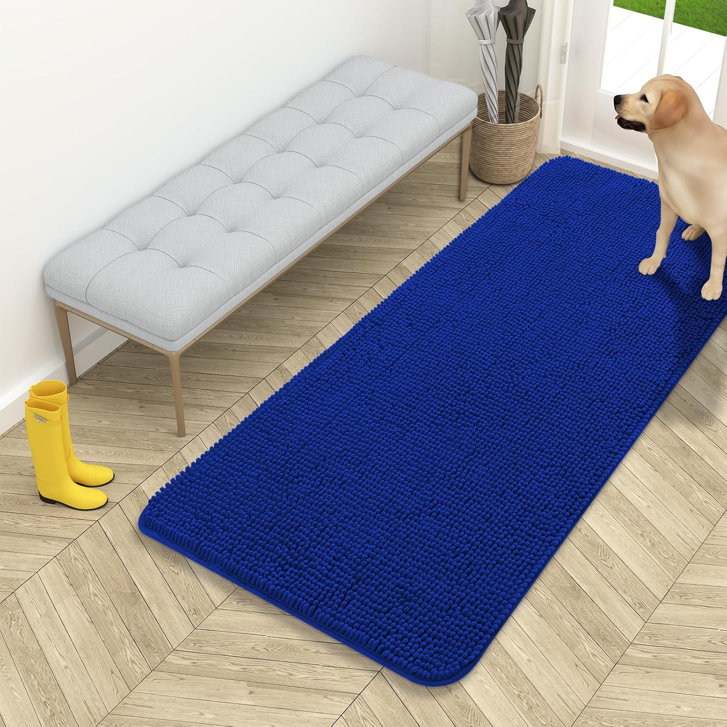 OLANLY Dog Door Mat - Absorbent Non-Slip Washable Chenille Mat for Muddy Paws | 54x24 Royal Blue