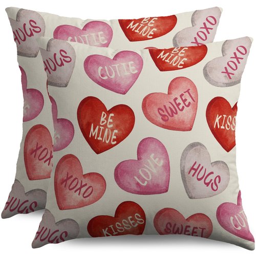 Sivirary Valentines Pillow Covers 18x18 Inch Set of 2 Pink Red Heart Valentine's Day Holiday Decorative Throw Pillowcases Anniversary Outdoor Farmhouse Cushion Cases Decor for Sofa Couch Bed