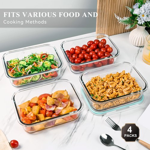 GEHE 4 Pack 52 oz Large Glass Food Storage Containers with Lids - Glass Meal Prep Containers For Baking, Storing, Airtight Lunch Container, Freezer, Dishwasher, Microwave and Oven Safe, BPA Free