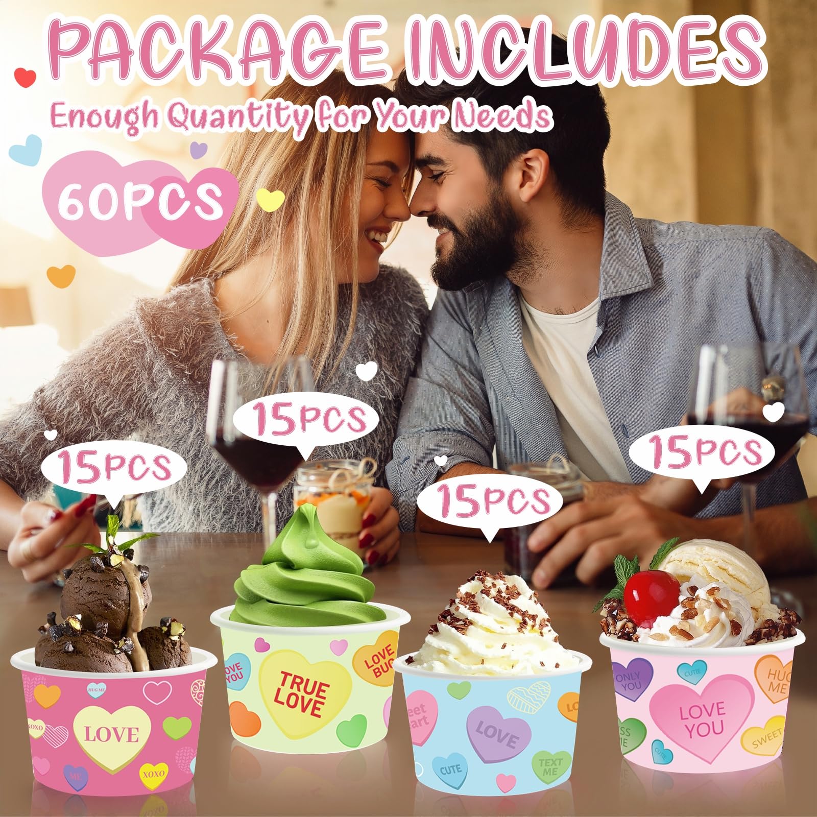 LANCU 60PCS Valentine Paper Ice Cream Cups 8oz Disposable Bowls Conversation Hearts Valentine Treat Snack Cups Pink Bowls for Hot or Cold Food Valentine Party Decor