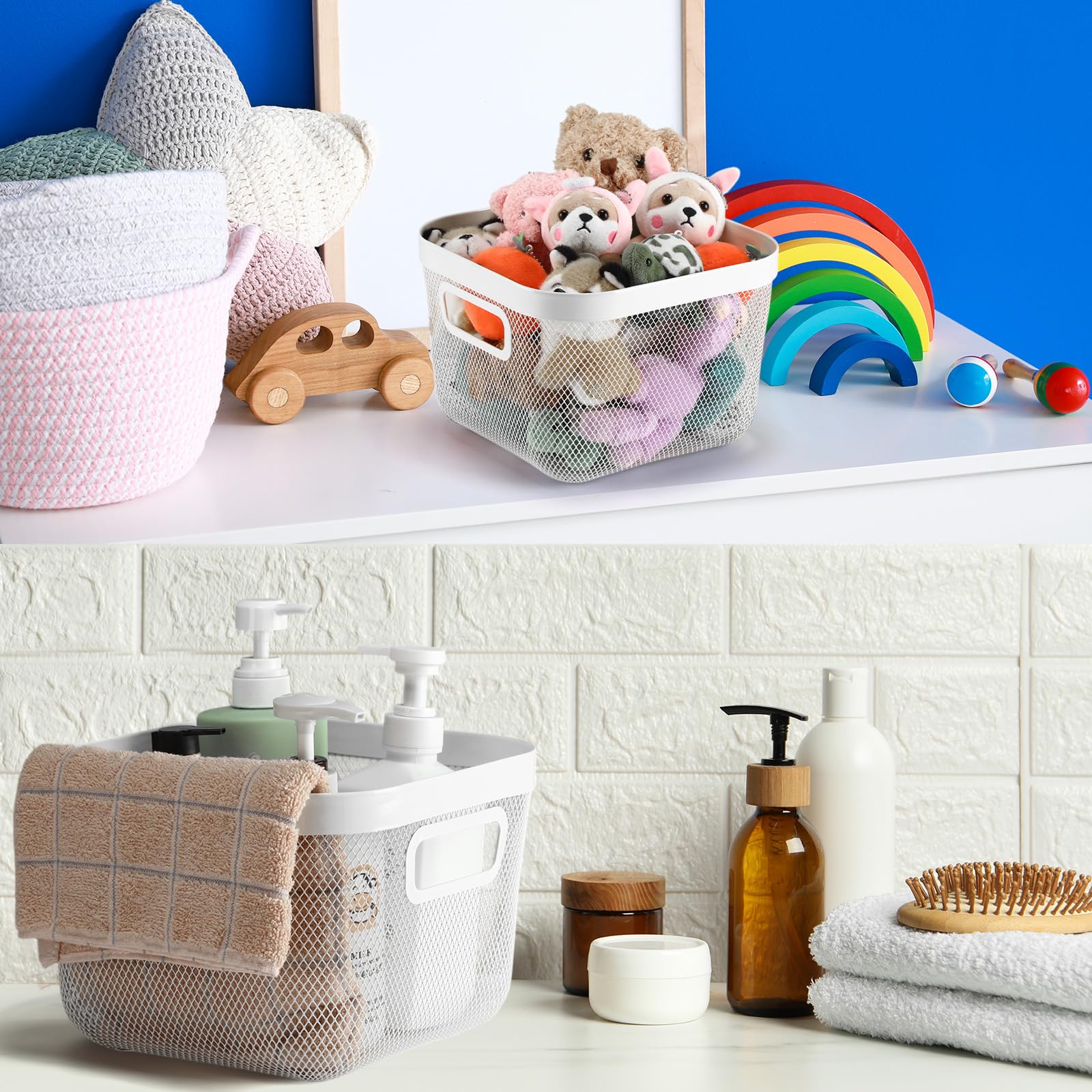 MorningRo 4 Pack Metal Mesh Basket with Hollow Handles White Wire Storage Bin for Organizing Stackable Metal Fine Mesh Basket for Pantry Bathroom Kitchen Cabinets Shelves (Medium)