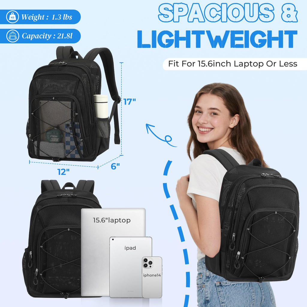 Sisipoet Mesh Backpack, Heavy Duty Mesh Bookbag for Girls Boys Kids, See Through Clear Backpacks, Net Backpack Transparent Breathable for School Beach Swim Travel Outdoor, Black