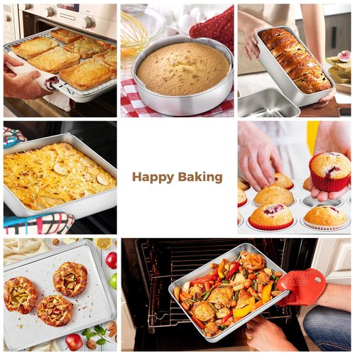 E-far 9-Piece Baking Pan Set, Stainless Steel Bakeware Sets for Sheet Cake Cookie Loaf Muffin, Include Baking Sheet, Round Square Rectangle Baking Pan & Cooling Rack, Dishwasher Safe