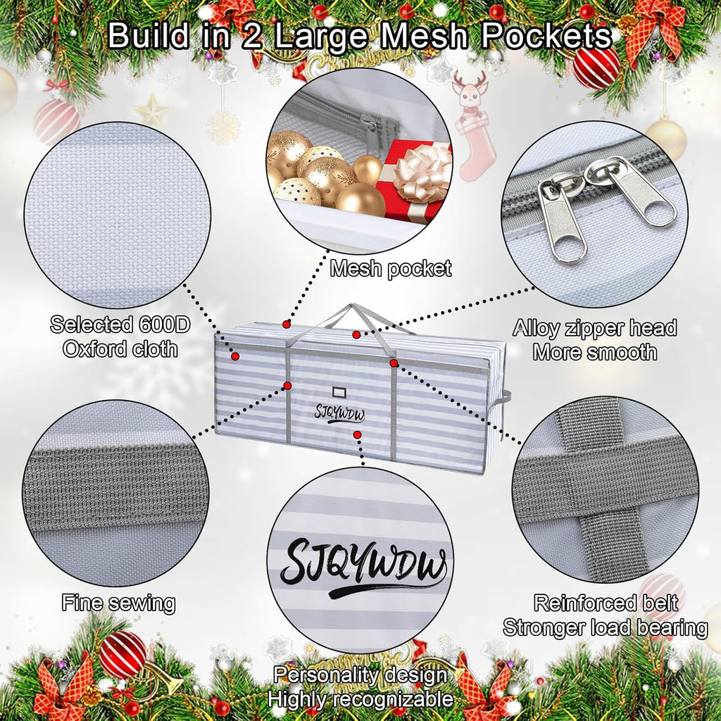 Skiennix Christmas Tree Storage Bag - Heavy Duty 600D Oxford Cloth with Double Mesh Pockets | 9 ft, Gray-White Stripes