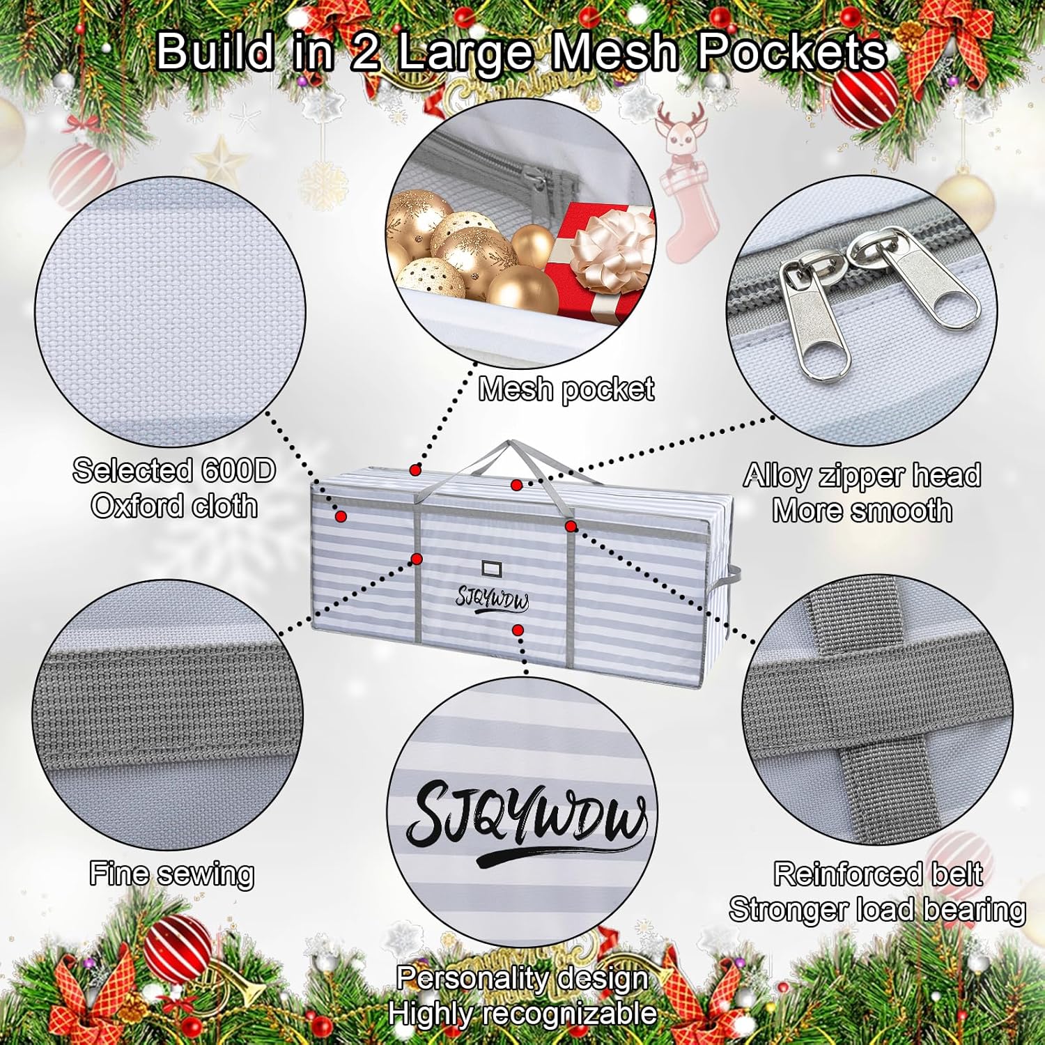 Skiennix Christmas Tree Storage Bag - Heavy Duty 600D Oxford Cloth with Double Mesh Pockets | 9 ft, Gray-White Stripes