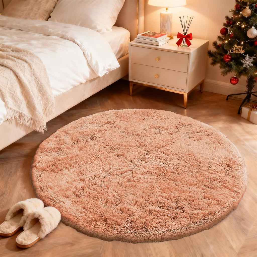 OLANLY Round Area Rug - Muted Orange, Soft & Fluffy Shaggy Carpet for Bedroom, 4 ft Circle