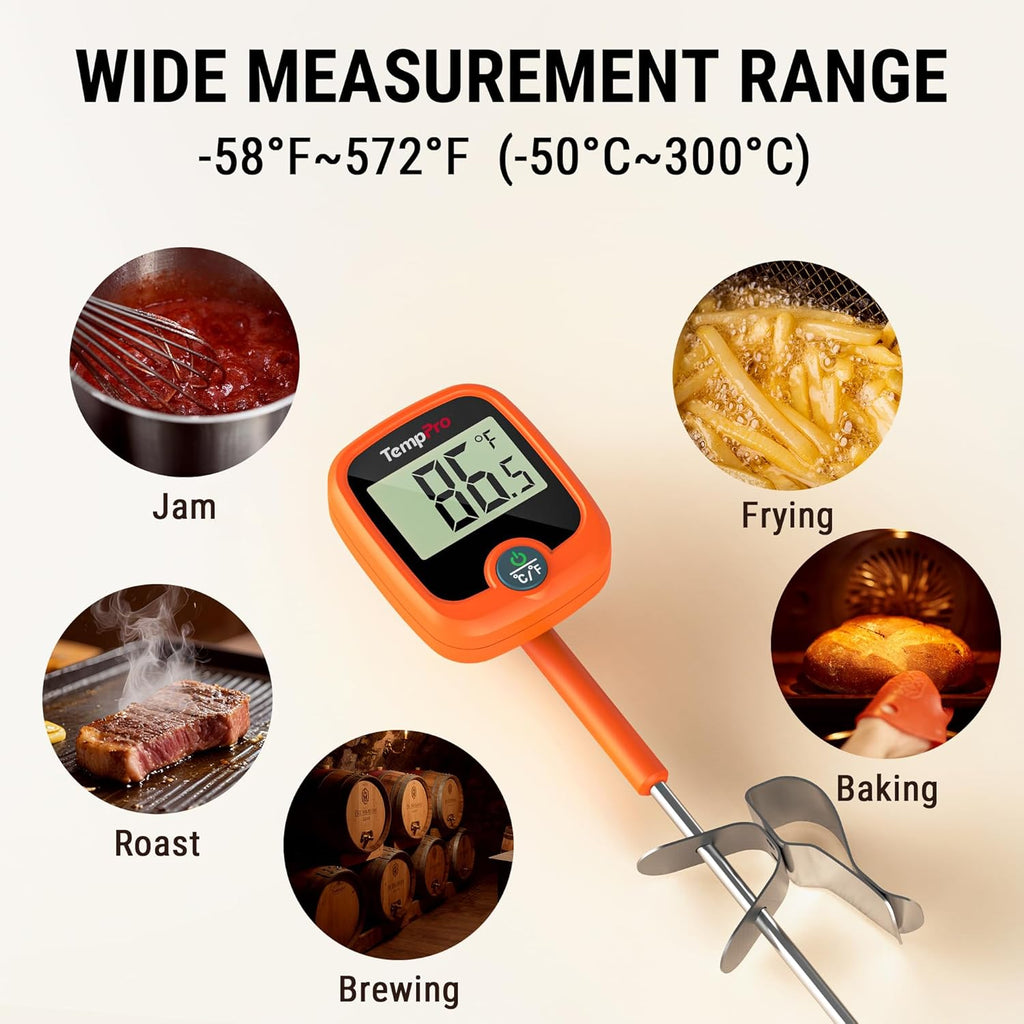 TempPro Candy Thermometer - Instant Read 10" Long Probe with Pot Clip & LCD Display for Cooking Oil & Sugar