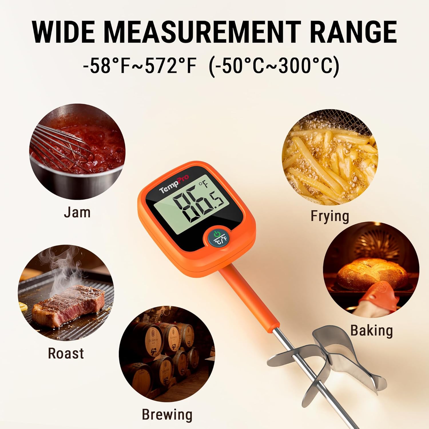 TempPro Candy Thermometer - Instant Read 10" Long Probe with Pot Clip & LCD Display for Cooking Oil & Sugar