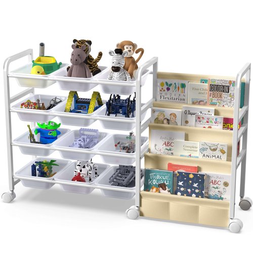 WGOHOSE 2025 Toy Storage Organizer with Bookshelf - 12 Storage Bins & Fabric Book Sling – Kids Toy Organizer and Bookshelf on Wheels for Kids Room, Playroom, Nursery, or Classroom