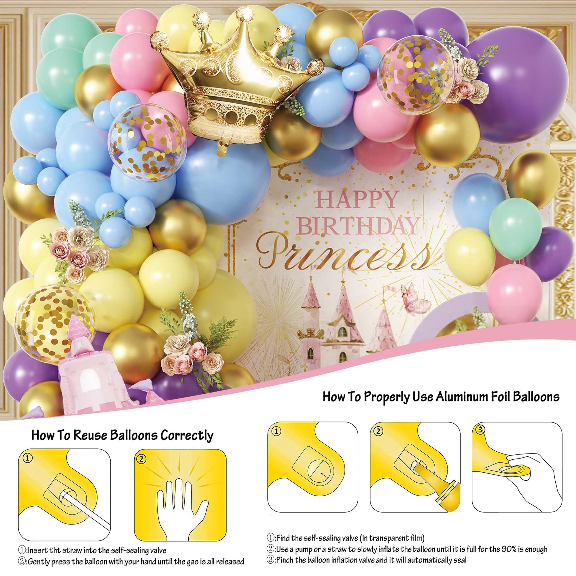 102pcs Princess Balloon Garland Arch Kit with Giant Pink Castle & Gold Crown Foil Balloons, 18/12/10/5 Inch Macaron Pastel Rainbow Latex for Girls Birthday, Fairytale Baby Shower
