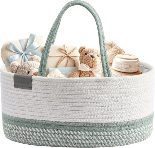 DECOMOMO Baby Caddy Organizer - Large Diaper Basket for Baby Shower | Sage Green & White