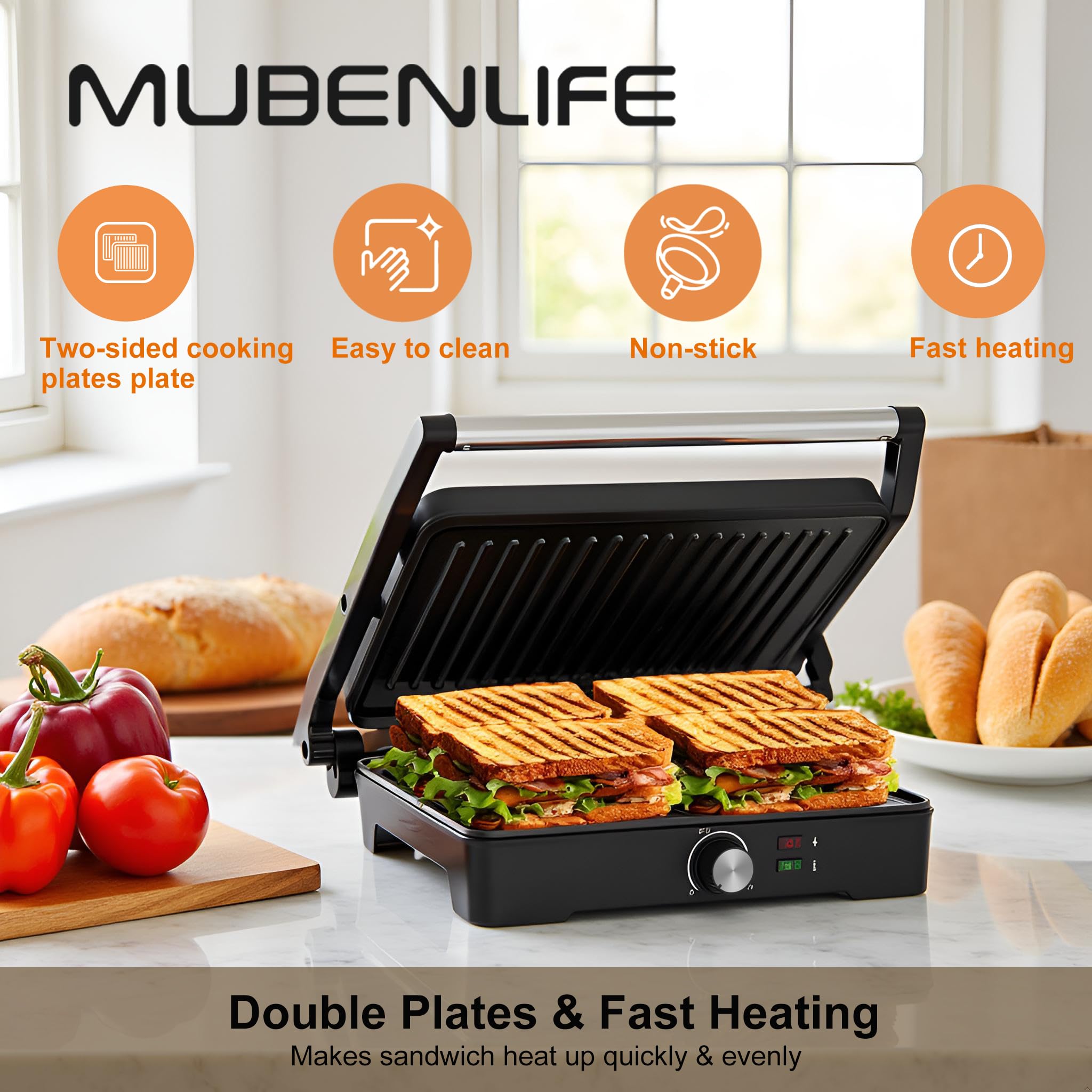 MUBENLIFE Panini Press,Sandwich Press Grill,180 Degree Open,Perfect for Grilling Sandwich,Steak,Burger,Non-Stick Grill,Table Grill,Stainless Steel,Temperature Adjustable,4 Slice,Barbecue,GT49A