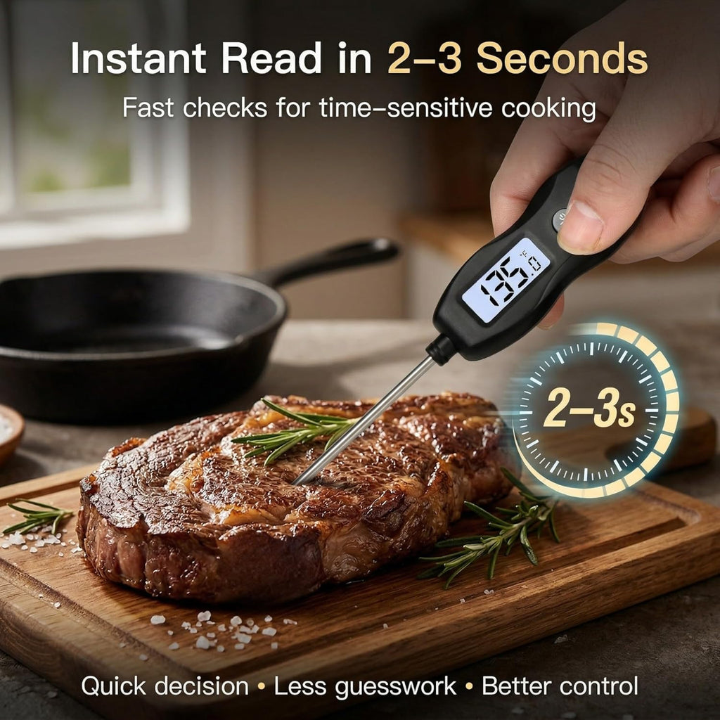 Meat Thermometer Digital - Instant Read Waterproof Food Thermometer with Backlight for BBQ, Grilling & Baking (Black)