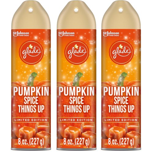 Glade Pumpkin Air Freshener, Pumpkin Spice Things Up, 3 Pack, Odor Eliminator, Fall Seasonal Scent, Halloween, Thanksgiving, Christmas Holiday Fragrance Spray, Cozy Autumn Air Freshener, 8 oz Each