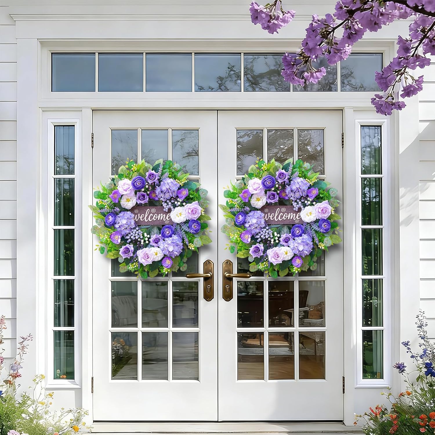Skiennix 24-Inch Spring Wreath - Luxury Purple Floral Design with Welcome Sign | Roses, Hydrangeas & Eucalyptus for Outdoor Decor