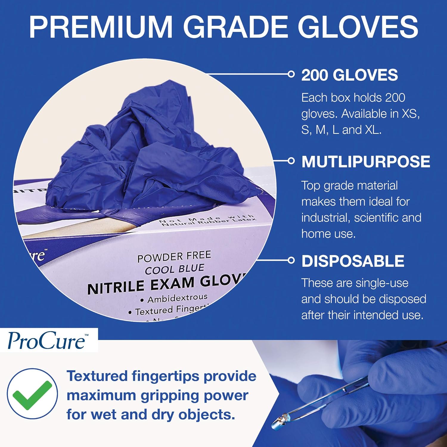 ProCure Disposable Nitrile Gloves - Latex Free, Powder Free, 200 Count Medical Exam Gloves