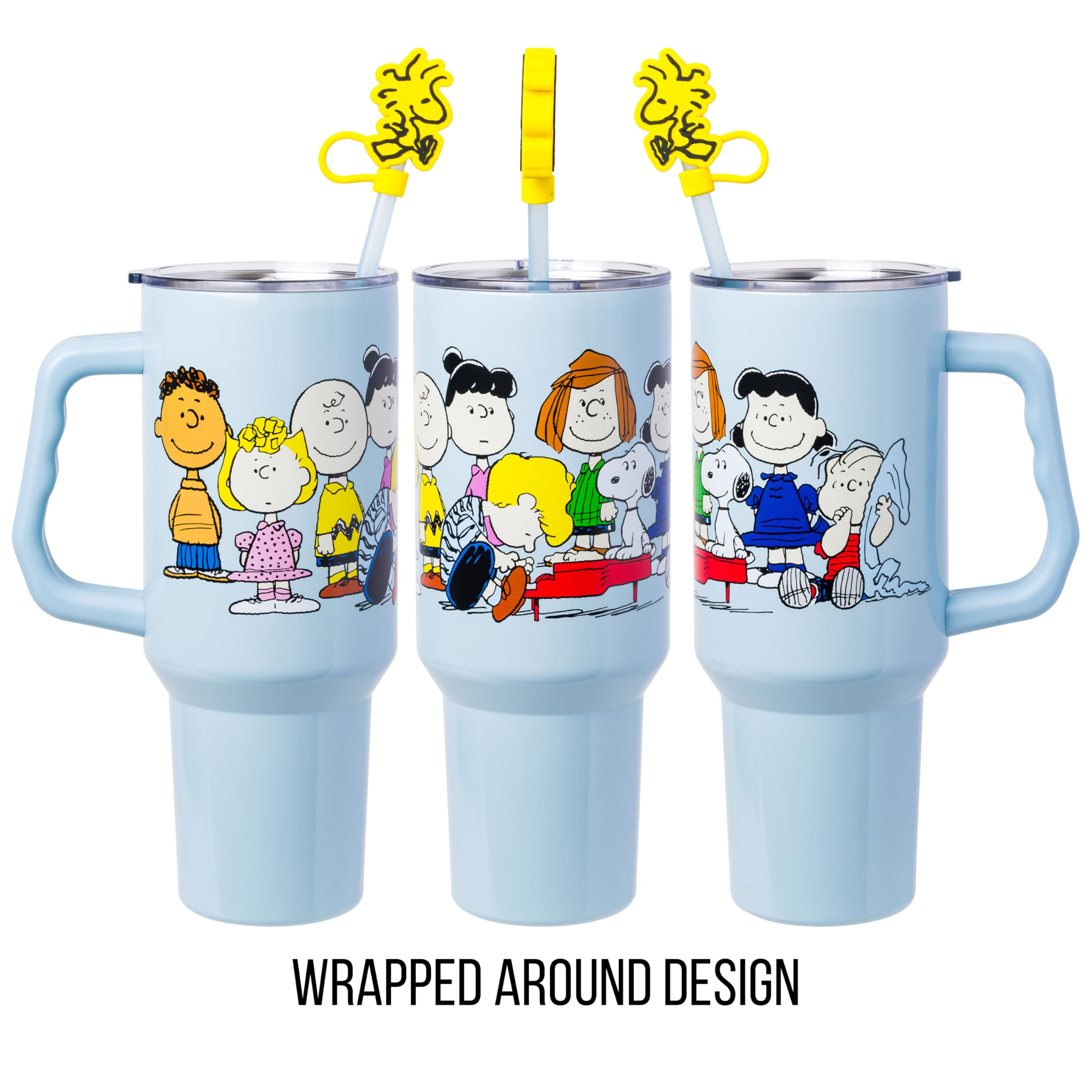 Silver Buffalo Peanuts Gang Charlie Brown, Snoopy, Woodstock, Lucy, Sally, Linus, Double Walled Stainless Steel Tumbler with Handle, Straw, and Straw Cap, Fits in Standard Cup Holder, 40 Ounces