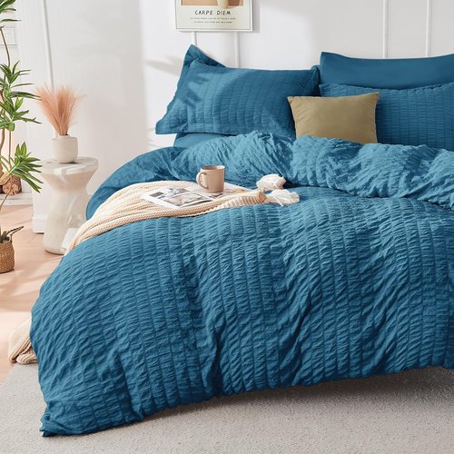 HYMOKEGE King Size Comforter Set - Teal Seersucker 7-Piece Luxury Bedding Set for All Seasons