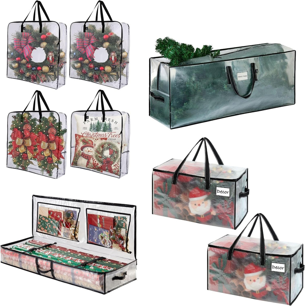 VENO Christmas Wreath, Tree & Wrapping Paper Storage Bags - 8 Pack Multi-Use Set for Easy Holiday Organization
