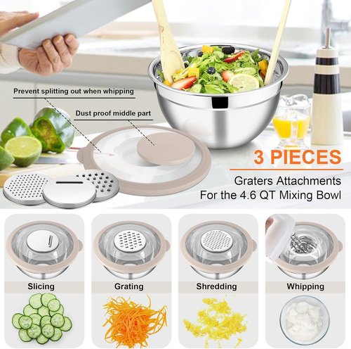E-far Stainless Steel Mixing Bowls Set of 5 - Transparent Lids & 3 Graters for Kitchen Prep | Khaki