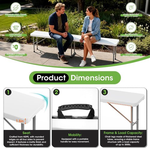 HLPB Folding Bench - 6 Ft Portable Plastic Table with Handle for Indoor/Outdoor Use | 2 Pack, White