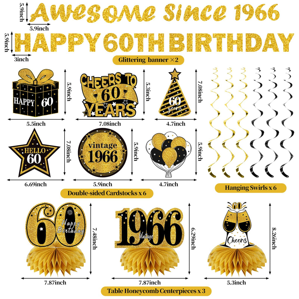 Kuxriox 11Pcs 60th Birthday Decorations Kit for Men Women, Black Gold Happy 60th Birthday Banner, Awesome Since 1966 Centerpieces Swirls Party Supplies, Sixty Bday Banner Ceiling Table Topper Sign