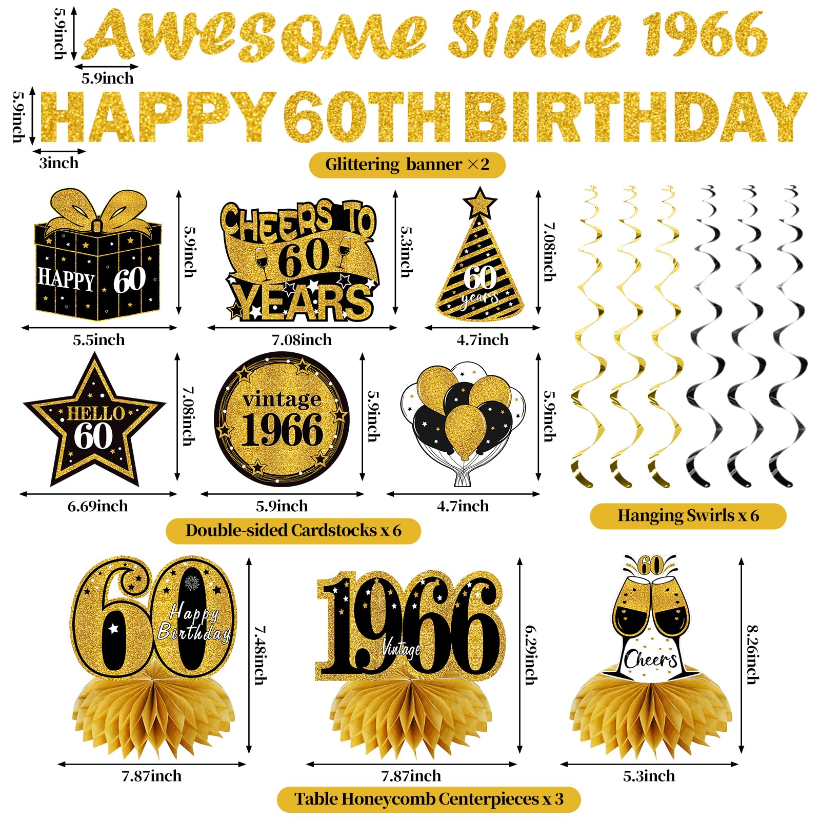 Kuxriox 11Pcs 60th Birthday Decorations Kit for Men Women, Black Gold Happy 60th Birthday Banner, Awesome Since 1966 Centerpieces Swirls Party Supplies, Sixty Bday Banner Ceiling Table Topper Sign