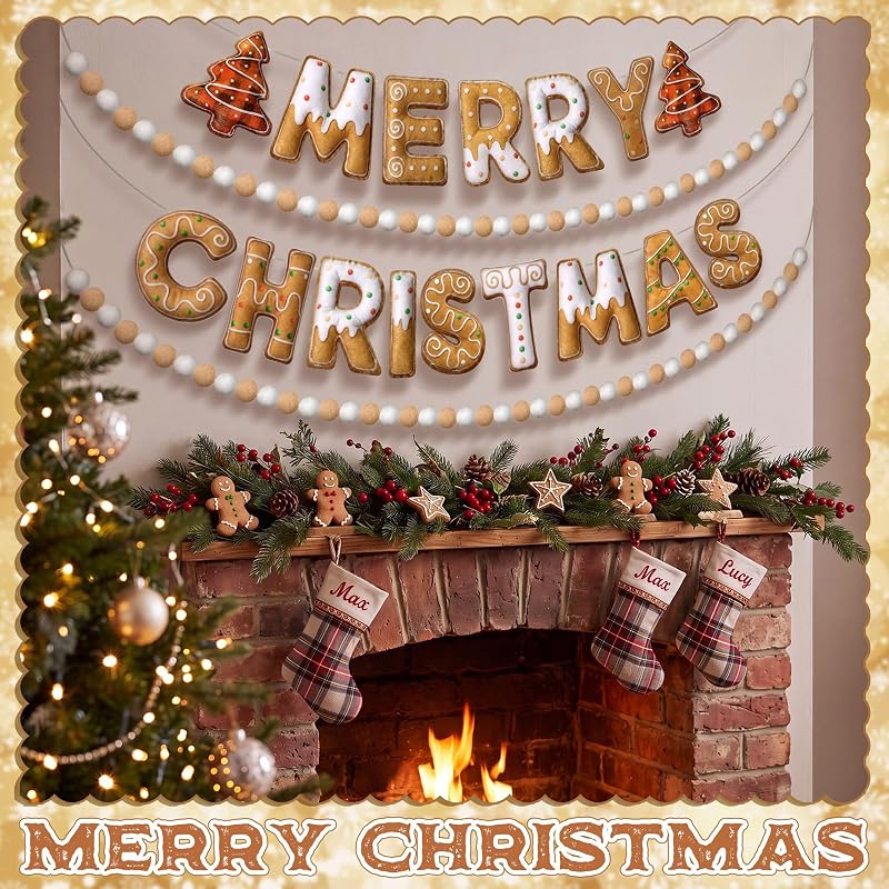 4pcs Felt Merry Christmas Banner - Gingerbread Man Pom Pom Garland, Variation: 4+Gingerbread Man