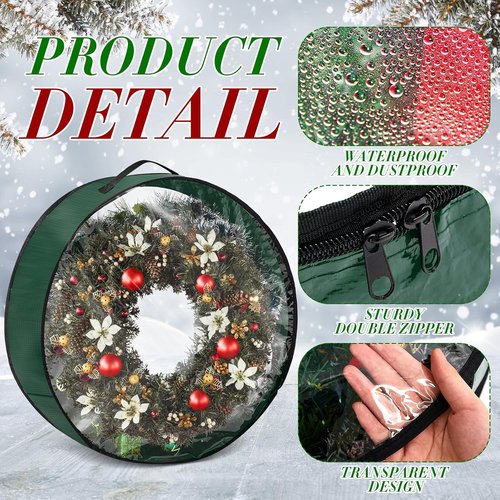4 Pcs Christmas Wreath Storage Bag - Clear Window, Zipper & Handle | Green 24-Inch Garland Container