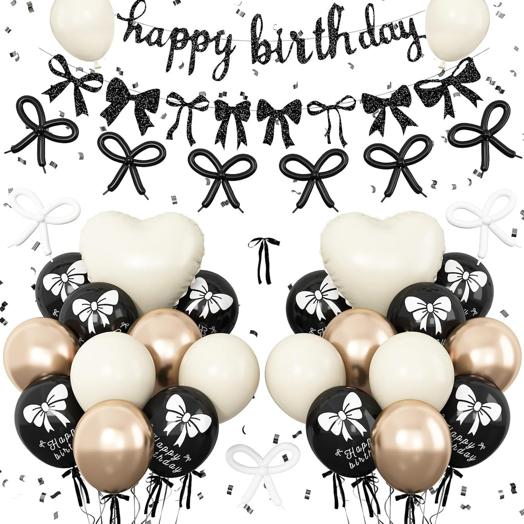 Skiennix Bow Birthday Decorations - Elegant Black & Gold Coquette Party Set with Happy Birthday Banner & Heart Foil Balloons