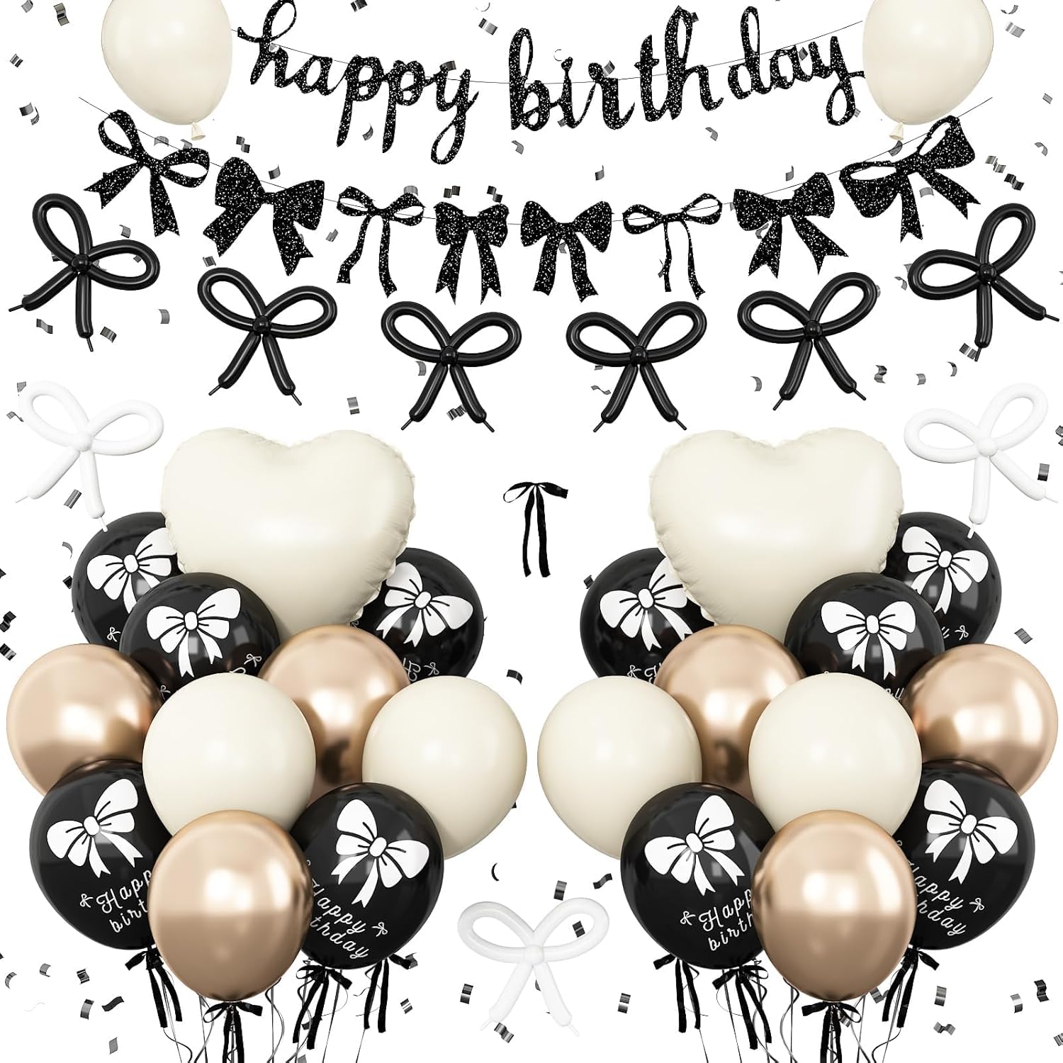 Skiennix Bow Birthday Decorations - Elegant Black & Gold Coquette Party Set with Happy Birthday Banner & Heart Foil Balloons