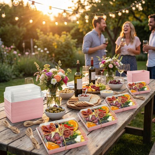 Leafiew 50 Pack 7x5 Inches Charcuterie Boxes with Clear Lids - Individual To Go Paper Charcuterie Board with Lid, Disposable Food Containers for Desserts, Cookie, Food, Charcuterie Accessories,Pink
