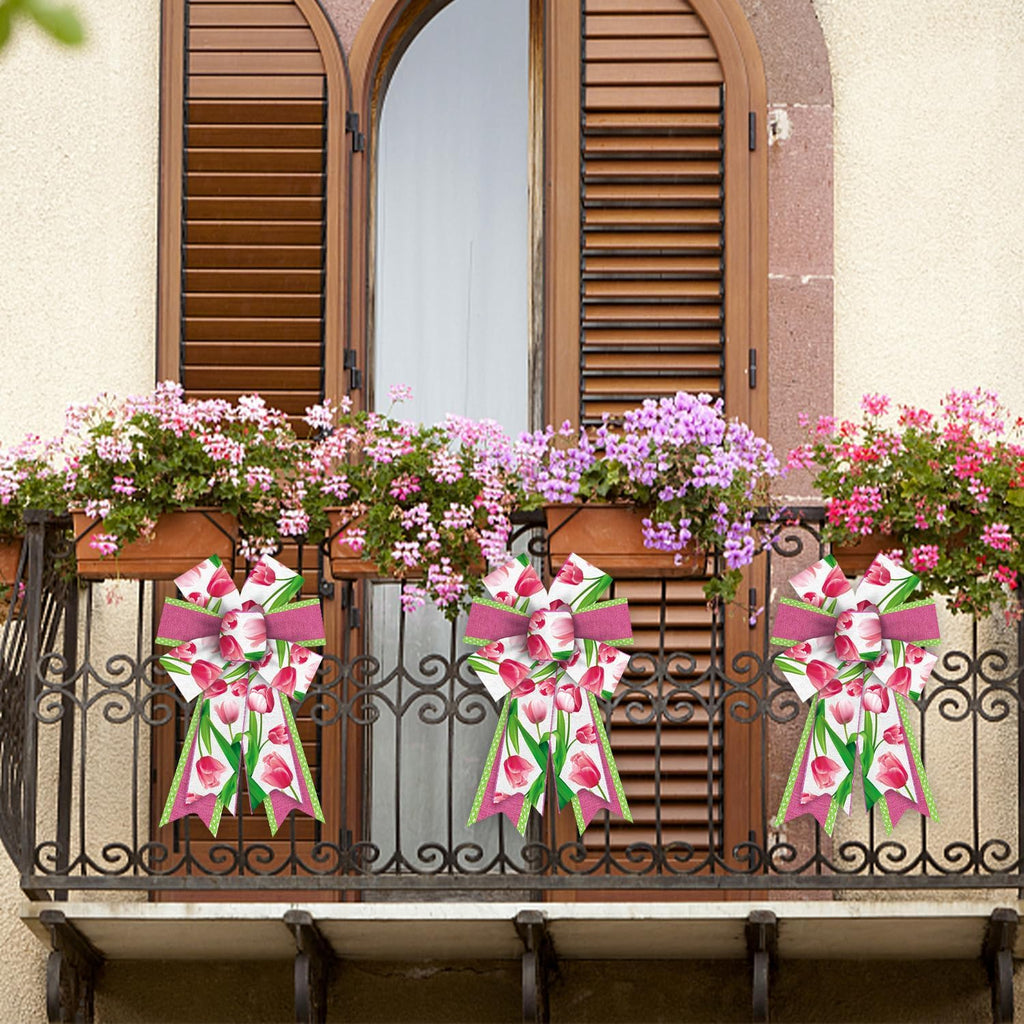 Threetols Floral Wreath Bows - 2 Pack Pink Tulip Design for Indoor/Outdoor Home Decor | DIY Craft