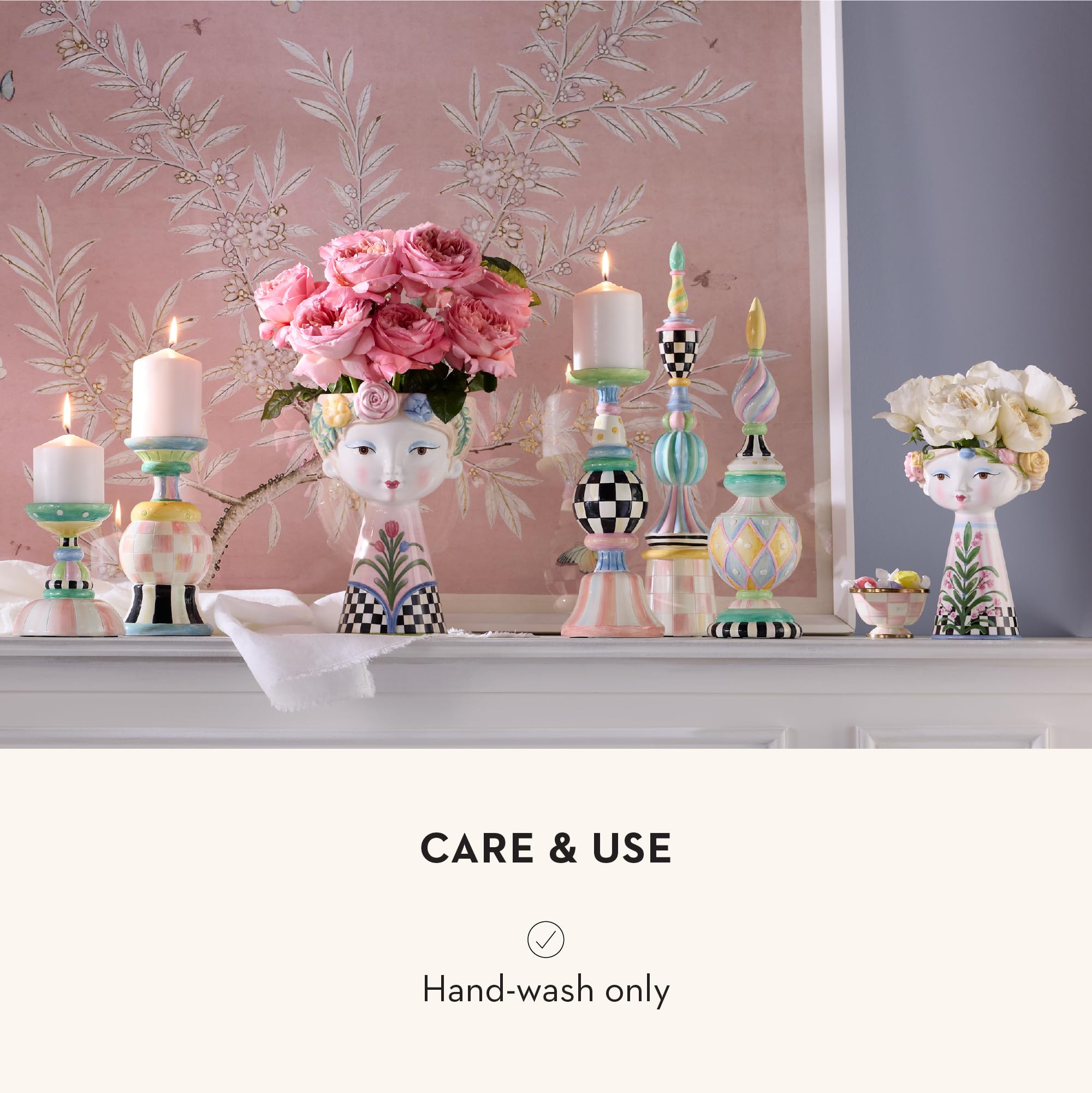 MACKENZIE-CHILDS Ceramic Vase, Unique Decorative Vase, Short, Rosy Meadow Lady
