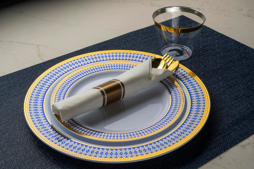 MONEST 350Pcs Blue and Gold Plastic Silverware Set for 50 Guests, Disposable Dinnerware Set includes: 50 Pre Rolled Napkins with Utensils, 50 Dinner Plates, 50 Dessert Plates, 50 Cups (Royal Sapphire)