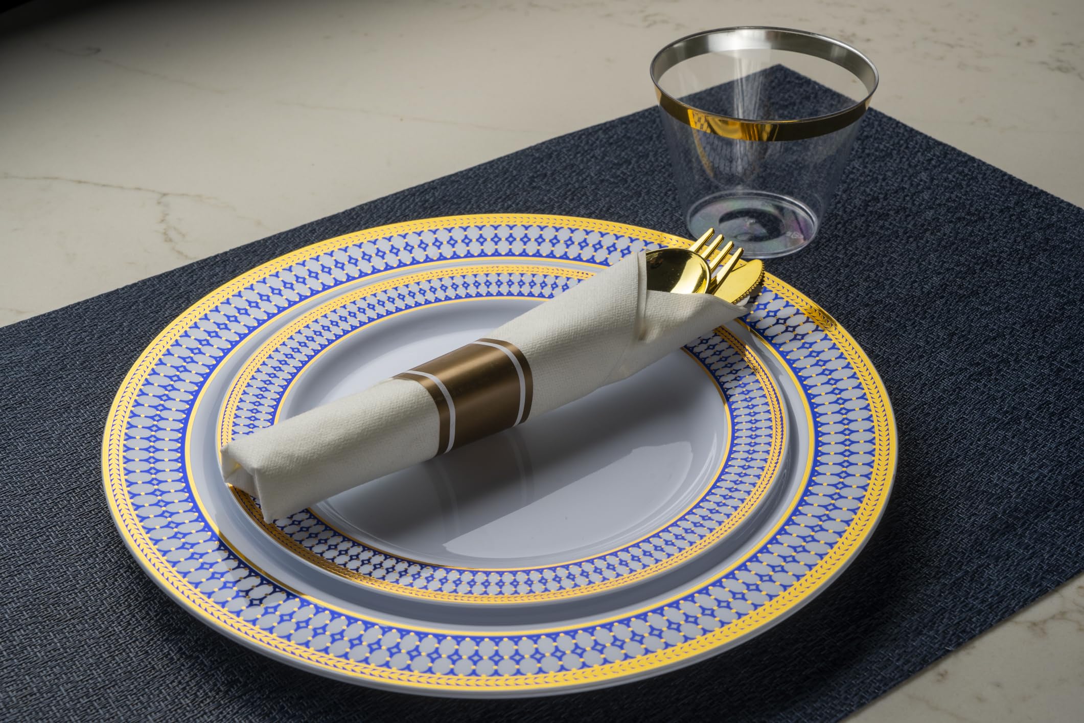 MONEST 350Pcs Blue and Gold Plastic Silverware Set for 50 Guests, Disposable Dinnerware Set includes: 50 Pre Rolled Napkins with Utensils, 50 Dinner Plates, 50 Dessert Plates, 50 Cups (Royal Sapphire)