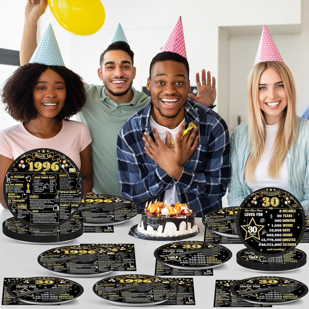 Regine Switzerland 30th Birthday Plates & Napkins - Black & Gold Party Decor for 24 Guests | 1996 Theme