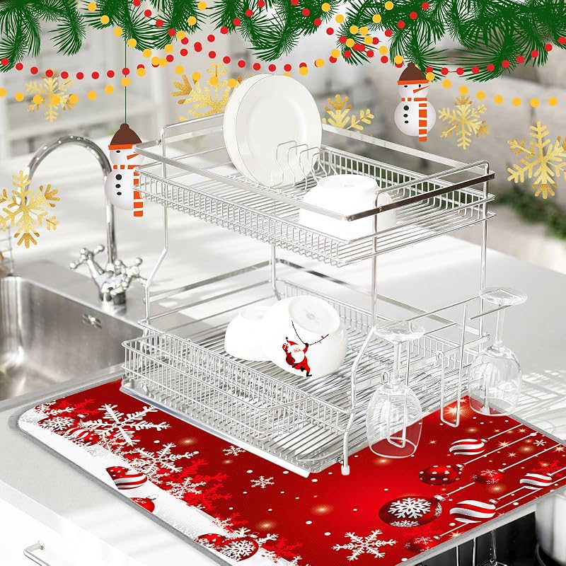 Christmas Dish Drying Mat 18 x 24 Inch - Red Snowflake Ball Absorbent Kitchen Counter Mat