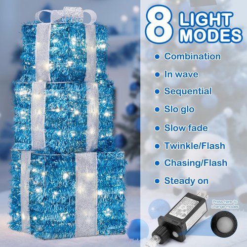 Blue Christmas Decorations, 140 LEDs Set of 3 Lighted Gift Boxes with 8 Modes, Bows, Timer, Warm White Present Boxes for Indoor Outdoor Holiday Party Yard Bedroom Home Xmas Decor