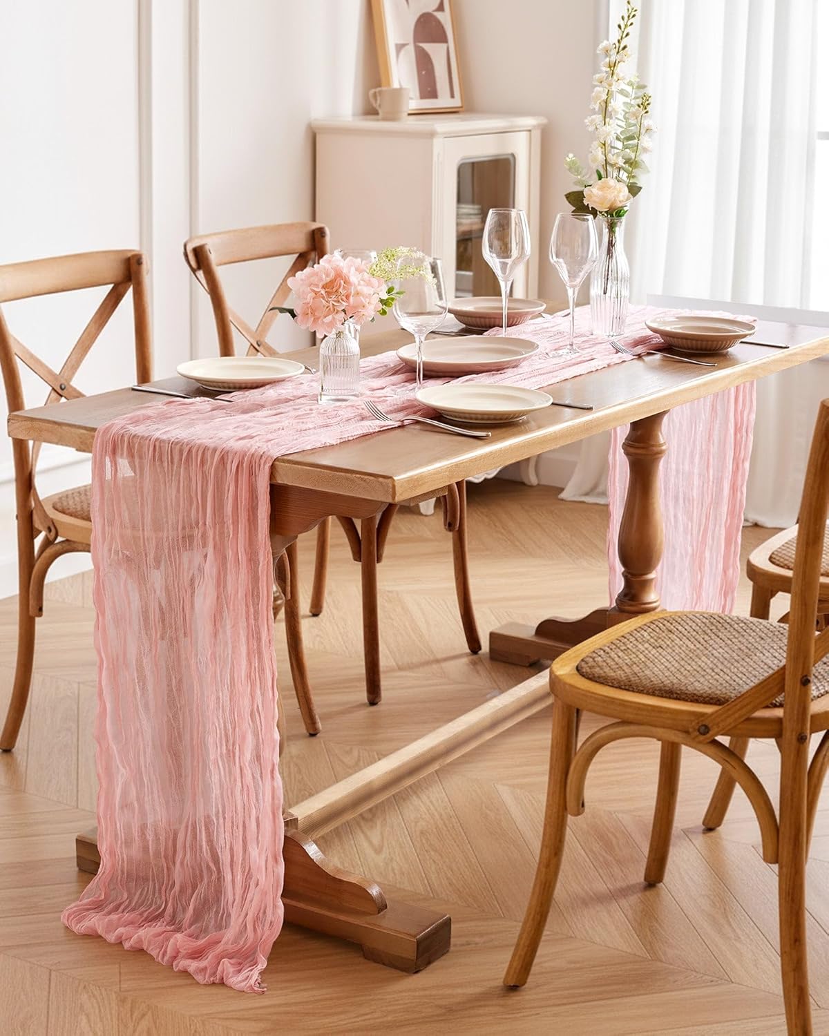 Pureegg Cheesecloth Table Runner - 120'' Boho Gauze for Easter, Baby Shower & Wedding | Dusty Pink