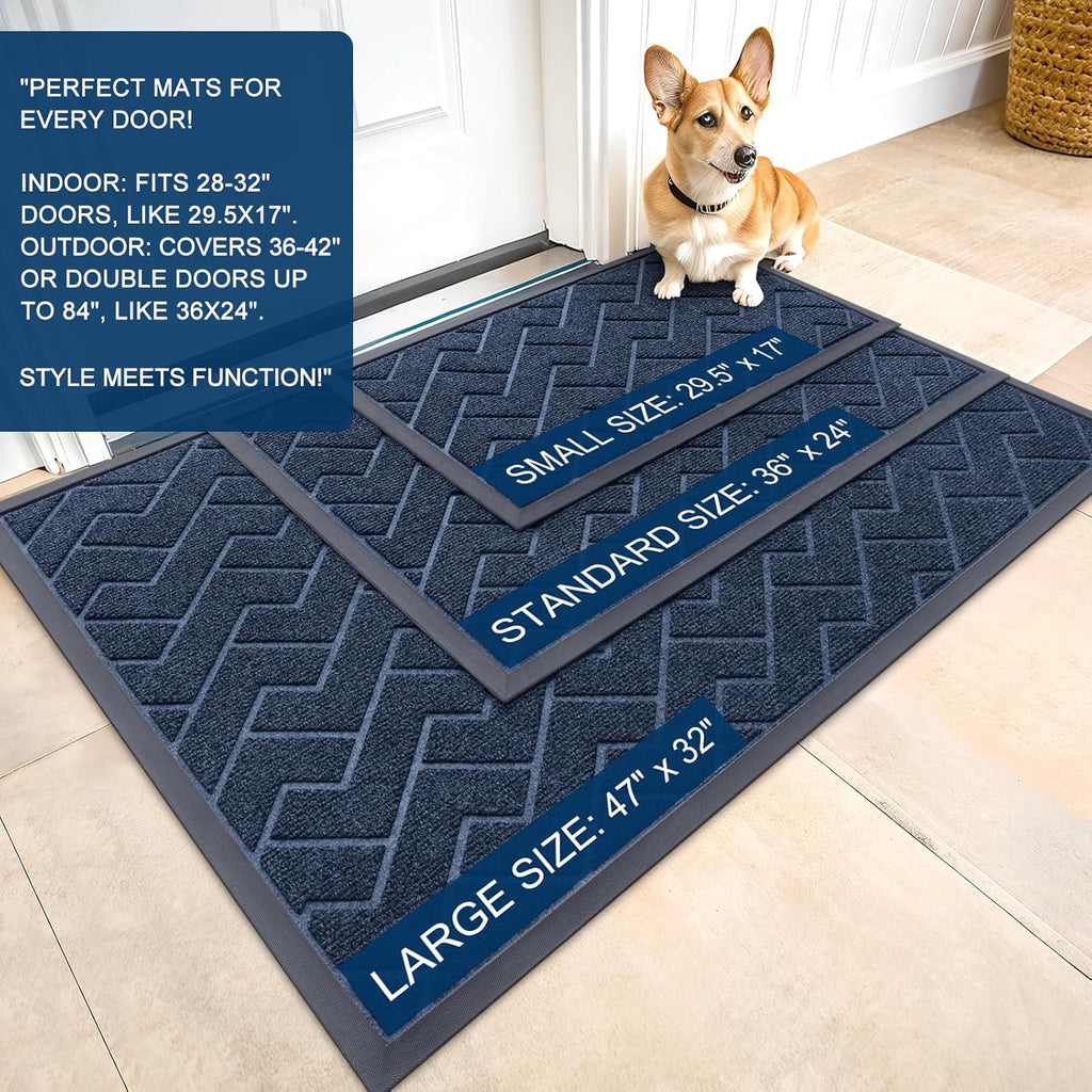 OLANLY Waterproof Front Door Mat - All-Season, Sturdy Natural Rubber, Easy Clean Herringbone Design (Blue, 47x32)