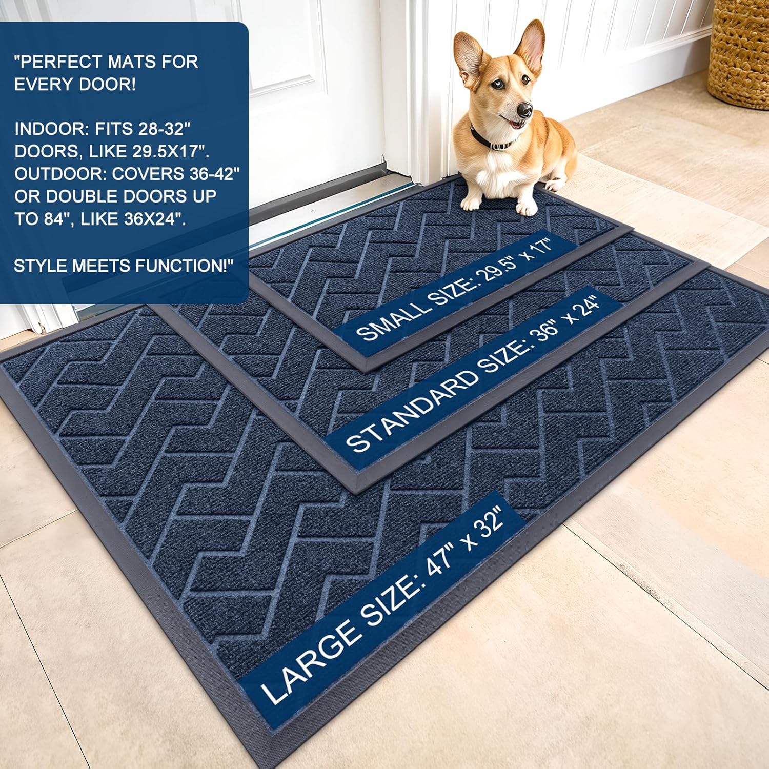 OLANLY Waterproof Front Door Mat - All-Season, Sturdy Natural Rubber, Easy Clean Herringbone Design (Blue, 47x32)