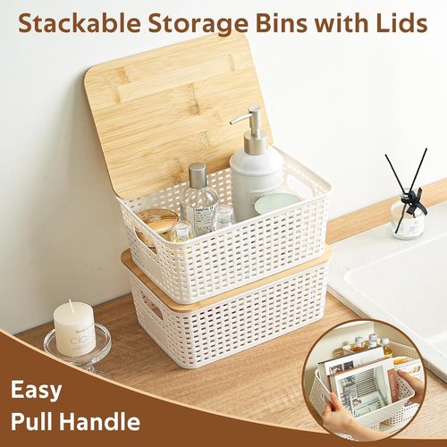 8 Pack Plastic Storage Bins by [Brand Name] - Stackable Baskets with Bamboo Lids for Pantry Organization