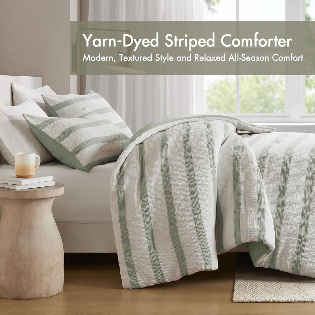 Madison Park Essentials Striped Comforter Set King Size, Yarn-Dyed Reversible Comforter with Minimalist Stripes, Crinkled Texture Bedding Set for All-Season Lightweight Warmth, Merritt Sage Green
