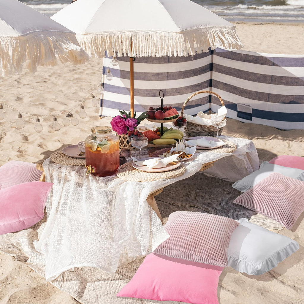 Yuntau Pink 8 Pcs Picnic Pillow Covers Only 18x18 Inch Boho Aesthetic Throw Cushion Cases Luxury Picnic for Summer Birthday Bachelorette Tea Party Brunch Beach Backyard Bed Sofa Decor