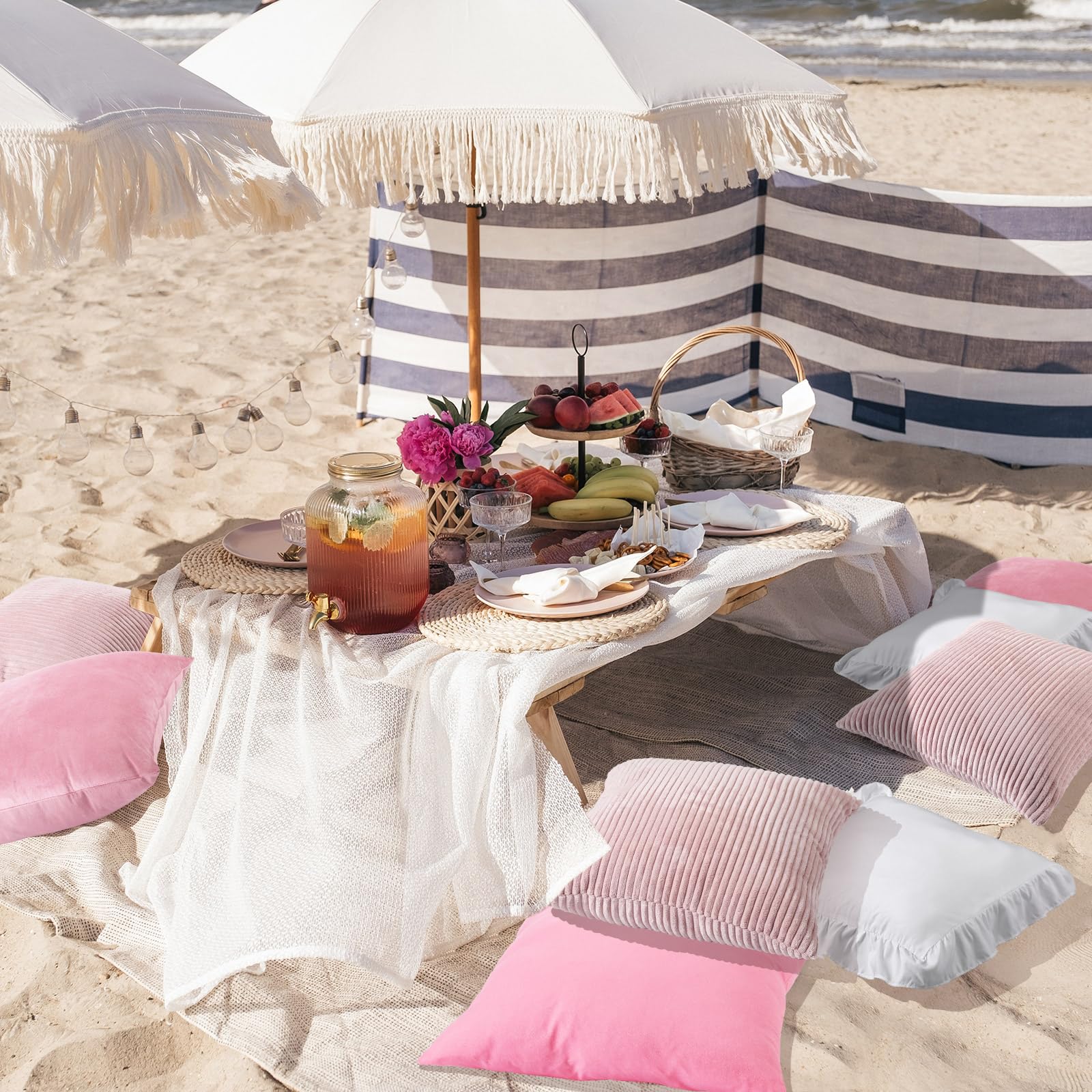 Yuntau Pink 8 Pcs Picnic Pillow Covers Only 18x18 Inch Boho Aesthetic Throw Cushion Cases Luxury Picnic for Summer Birthday Bachelorette Tea Party Brunch Beach Backyard Bed Sofa Decor