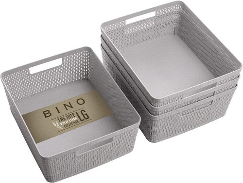 BINO Woven Plastic Basket - Stylish Home Organization | Small Natural Grey, 4-Pack | Space-Saving Design