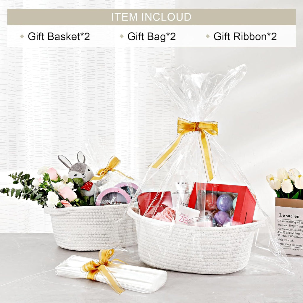 Skiennix 2-Pack Small Woven Baskets - Decorative Cotton Rope Storage Bins with Handles | 12"x8"x5", White