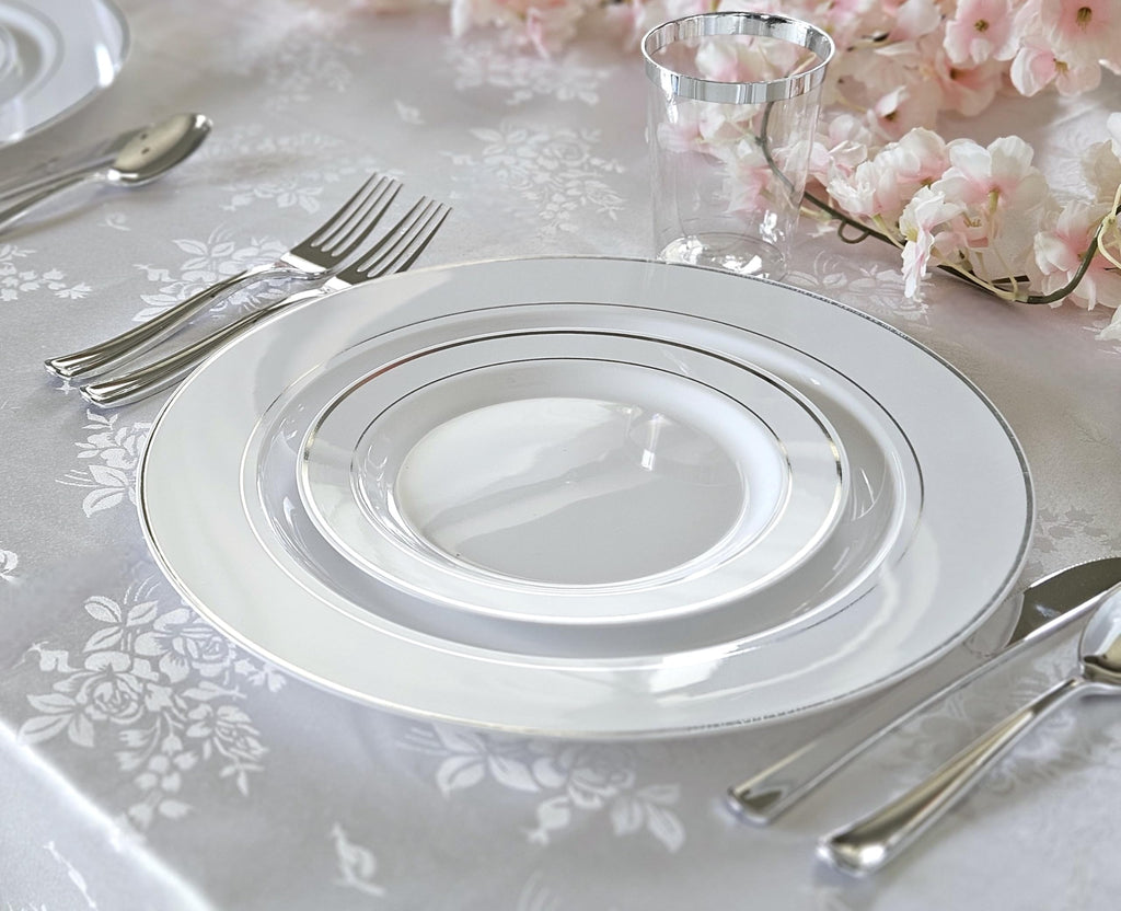 OCCASIONS 120 Plates Pack, Heavyweight Disposable Wedding Party Plastic Plates (7.5'' Appetizer/Dessert Plate, White & Silver Rim)