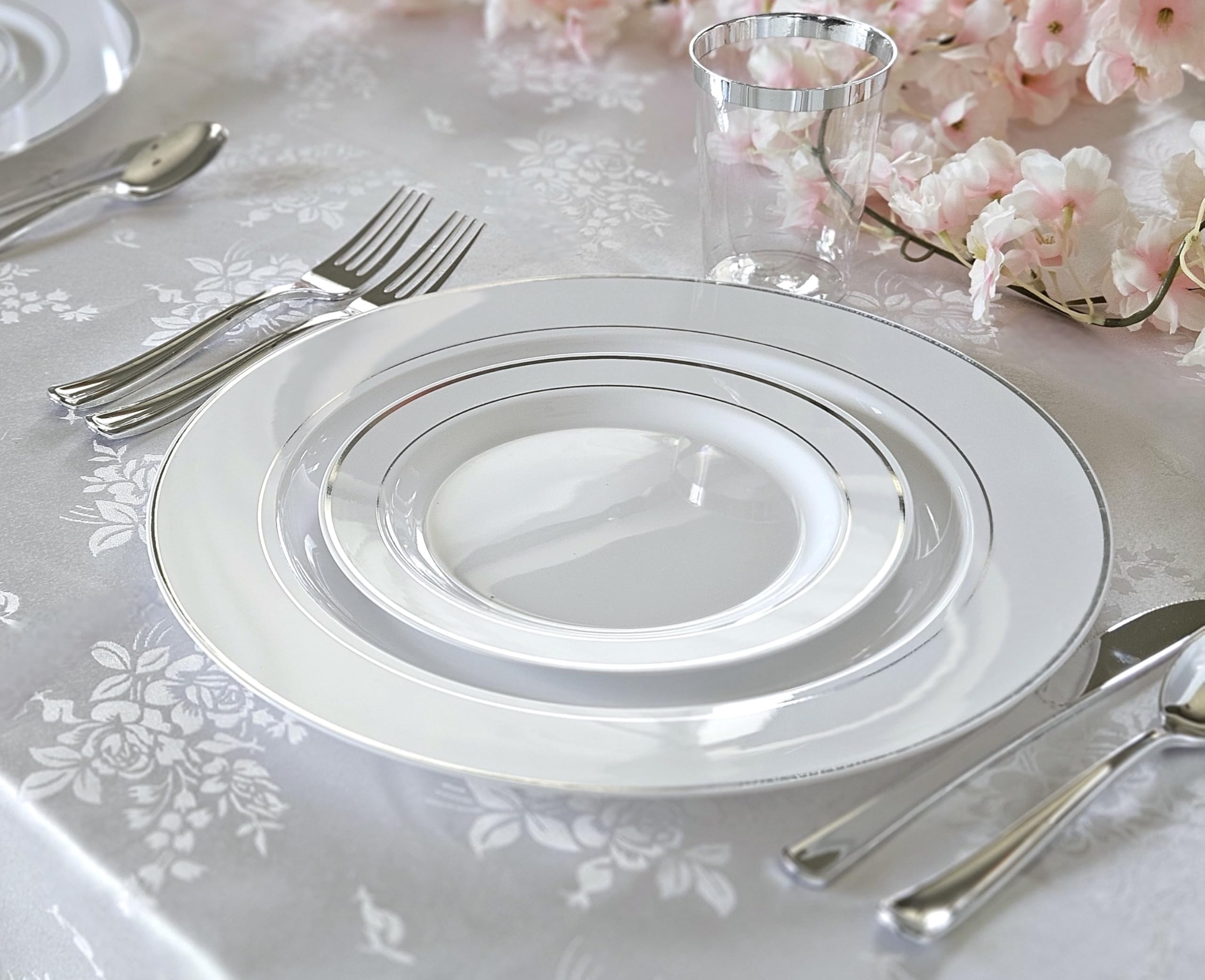 OCCASIONS 120 Plates Pack, Heavyweight Disposable Wedding Party Plastic Plates (7.5'' Appetizer/Dessert Plate, White & Silver Rim)